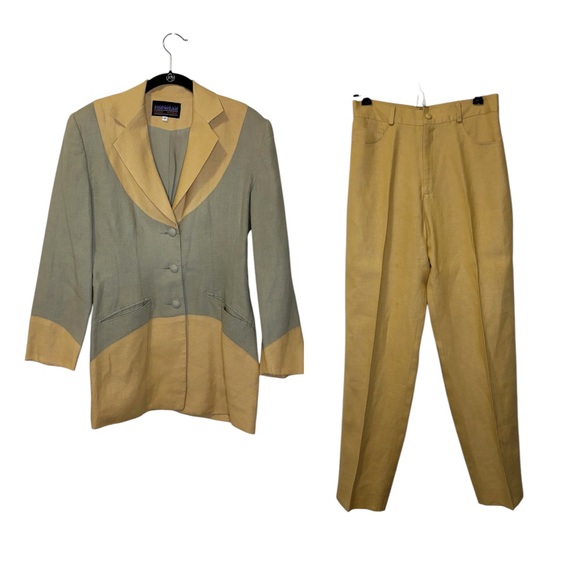 Vintage 70s 80s Two Tone Sage Green Mustard Yellow Linen Pantsuit Set - Picture 1 of 10
